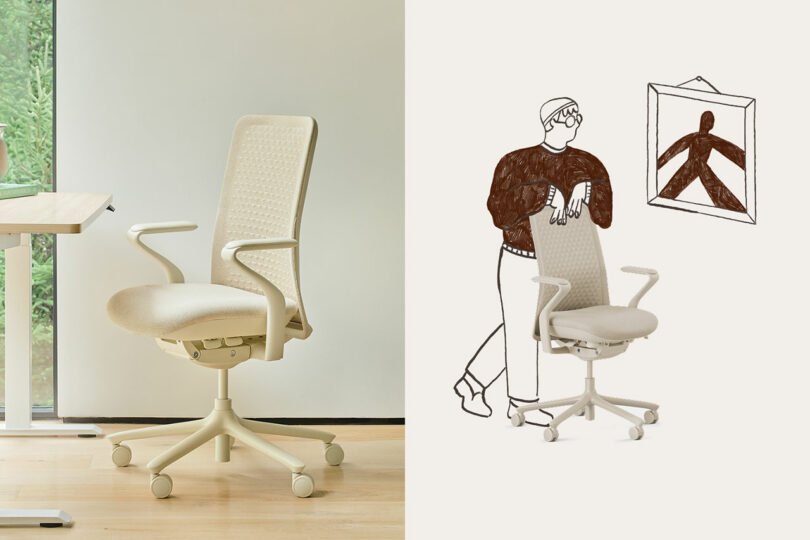 A beige office chair is shown next to an illustration of a person leaning on the same chair, with a framed drawing hanging on the wall.