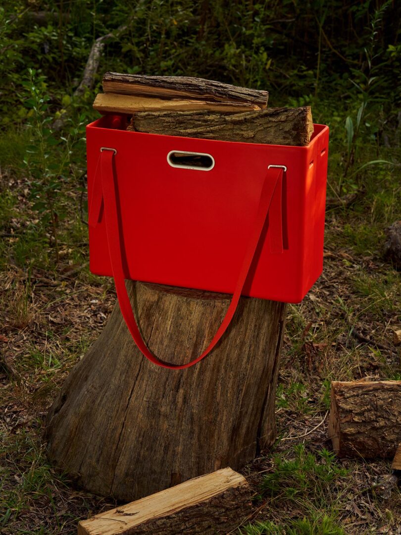 A red rectangular tote bag with handles is filled with firewood and placed on a tree stump in an outdoor, grassy area.
