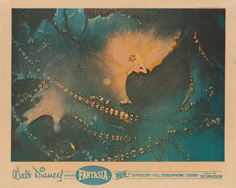 An animated fairy character with wings, inspired by Laura Casañas Maya, flies above sparkling, swirling blue and green patterns in an underwater-themed scene from a vintage "Fantasia" movie poster.