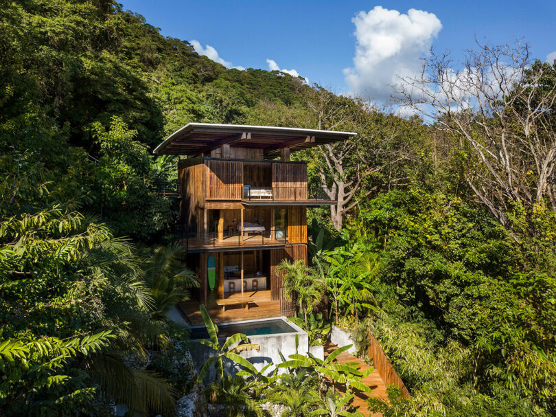 Three-story modern wooden house with large windows and a small pool, surrounded by dense green tropical forest and hills under a blue sky.