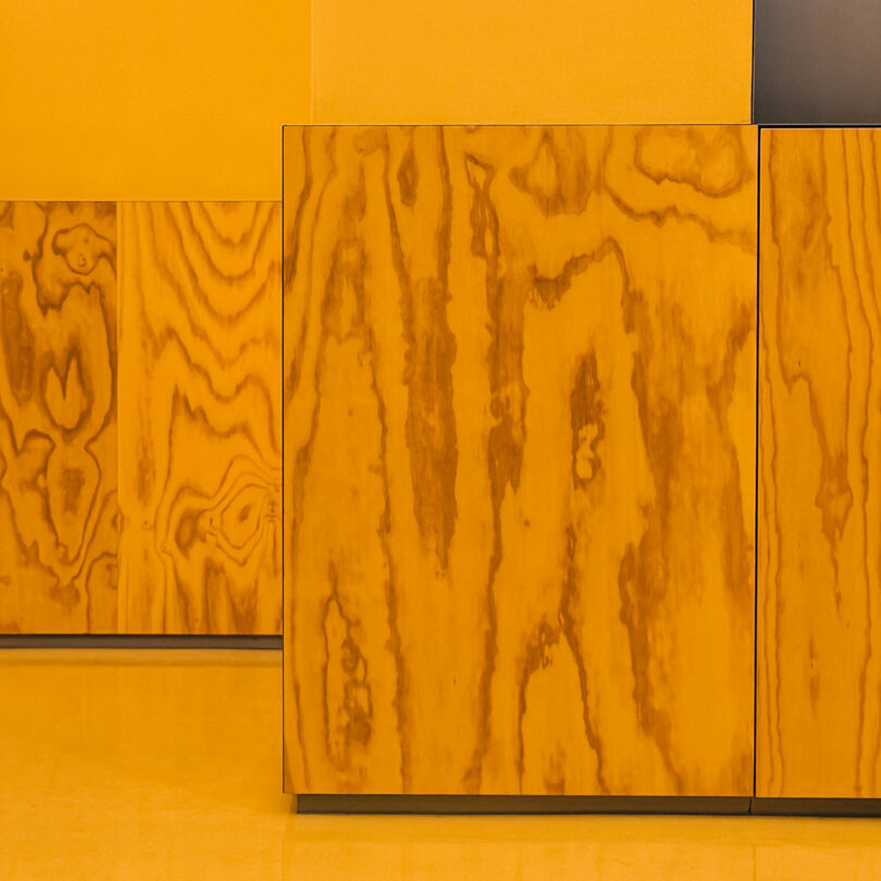 Close-up of a modern wall design featuring yellow-toned wood panels with visible grain patterns and smooth, solid yellow sections.