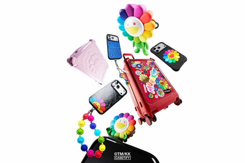 A collection of colorful phone cases, including FLOWERS BLOOM Murakami designs from CASETiFY, a red suitcase, a pink transparent bag, and flower-themed accessories displayed on a white background.