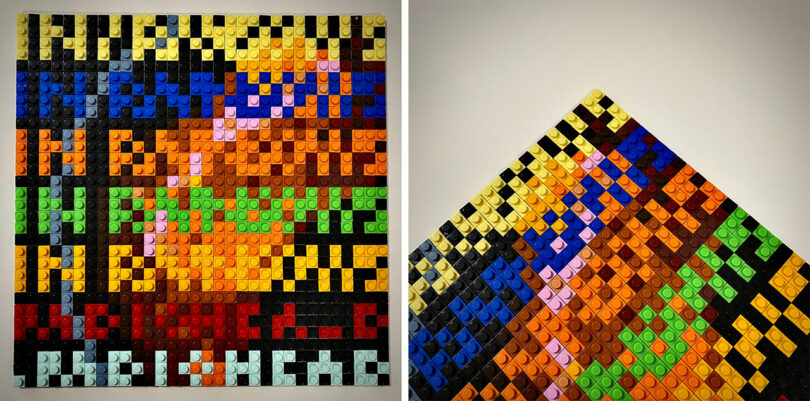A square mosaic made of colorful LEGO bricks forming a pixelated image, shown from a top-down view and an angled close-up.