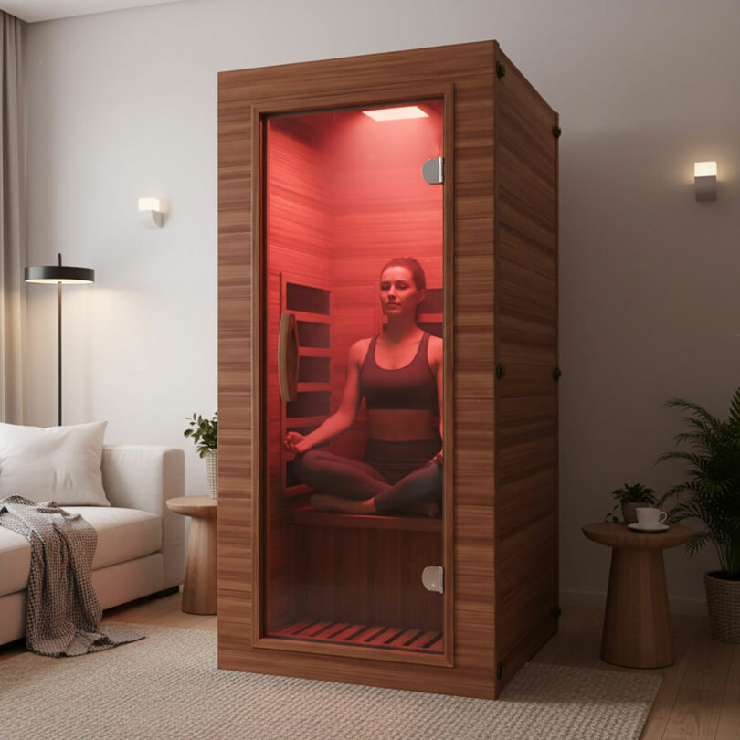 A woman sits cross-legged inside a small wooden infrared sauna in a modern living room, illuminated by red light.