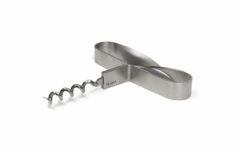 A stainless steel corkscrew with a flat, looped handle is shown against a white background, making it one of the perfect gifts for cooks who appreciate practical kitchen accessories.
