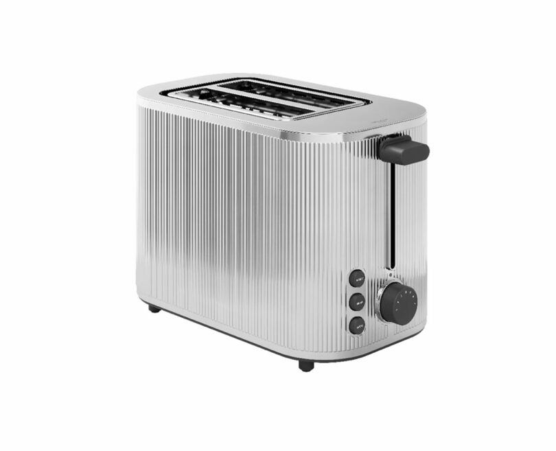 A silver two-slot toaster with vertical ridges, three buttons, and a dial on the front panel, shown on a white background—an ideal choice among gifts for cooks.
