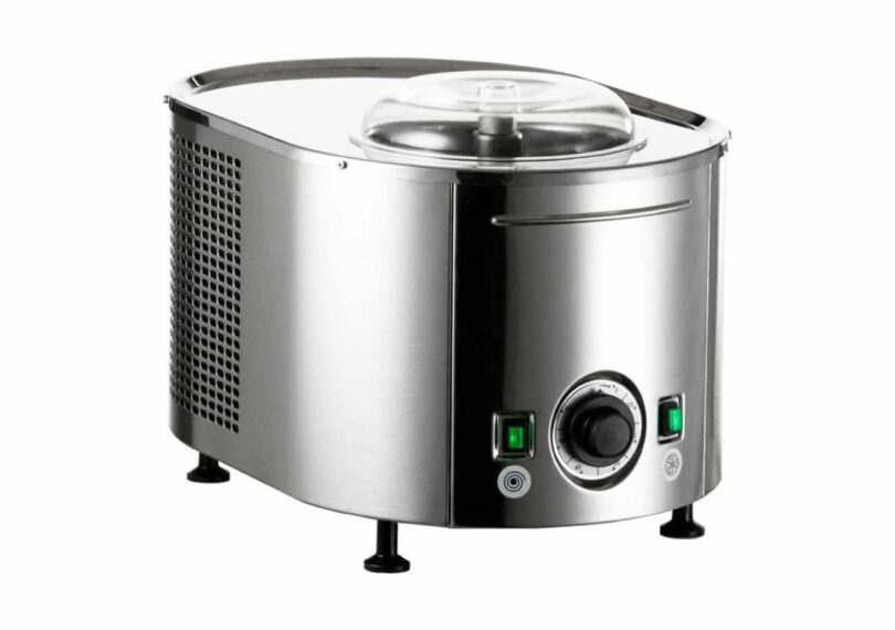 A stainless steel countertop ice cream maker with a clear lid, control knob, and two green power switches on the front—an ideal addition to any kitchen and perfect for gifts for cooks.