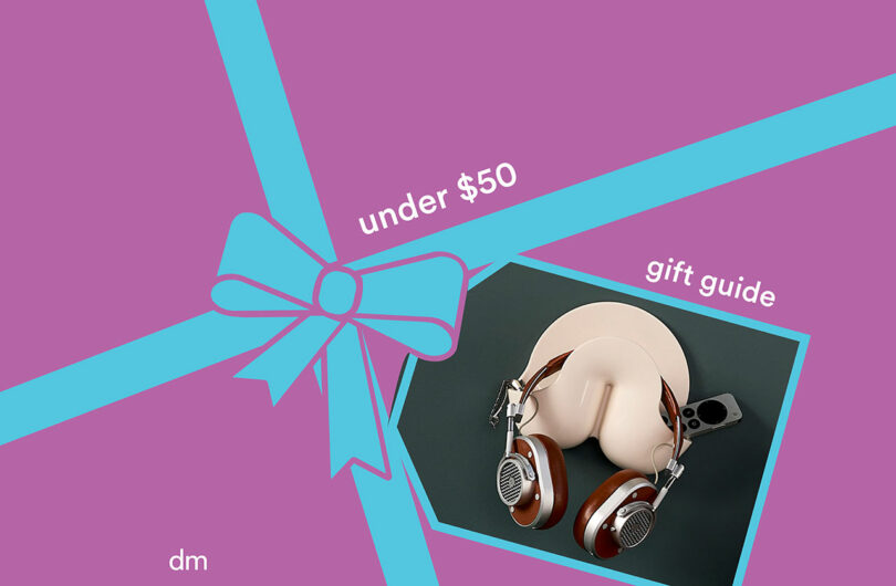 A pink and blue gift-themed background features a photo of headphones, a headphone stand, and a gadget, labeled “under $50 gift guide.” Perfect for those browsing thoughtful gift guides.