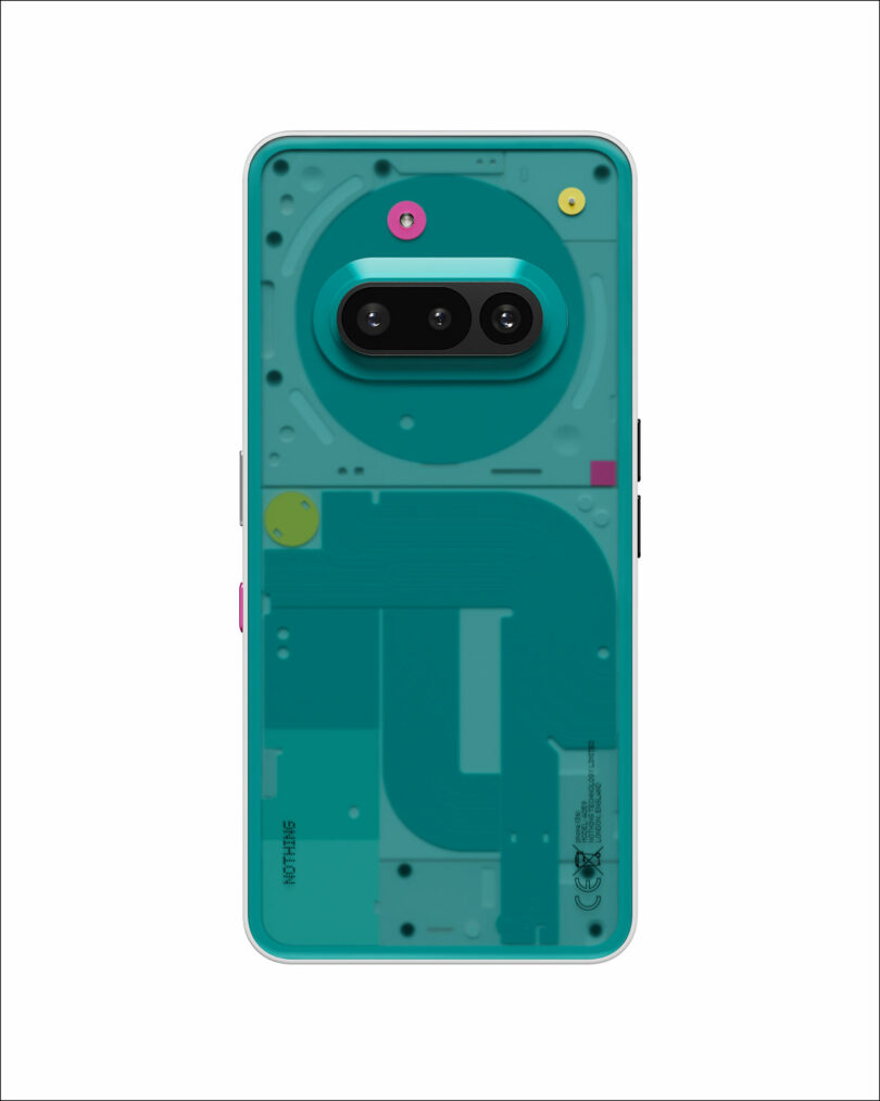A smartphone with a teal, semi-transparent back cover showing dual cameras in a horizontal oval module and geometric design elements.
