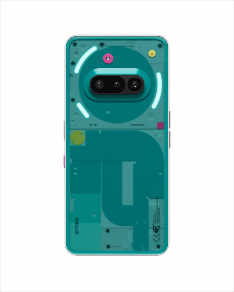 A turquoise smartphone with a transparent back panel showing internal components, featuring dual rear cameras and LED light strips in a circular pattern.