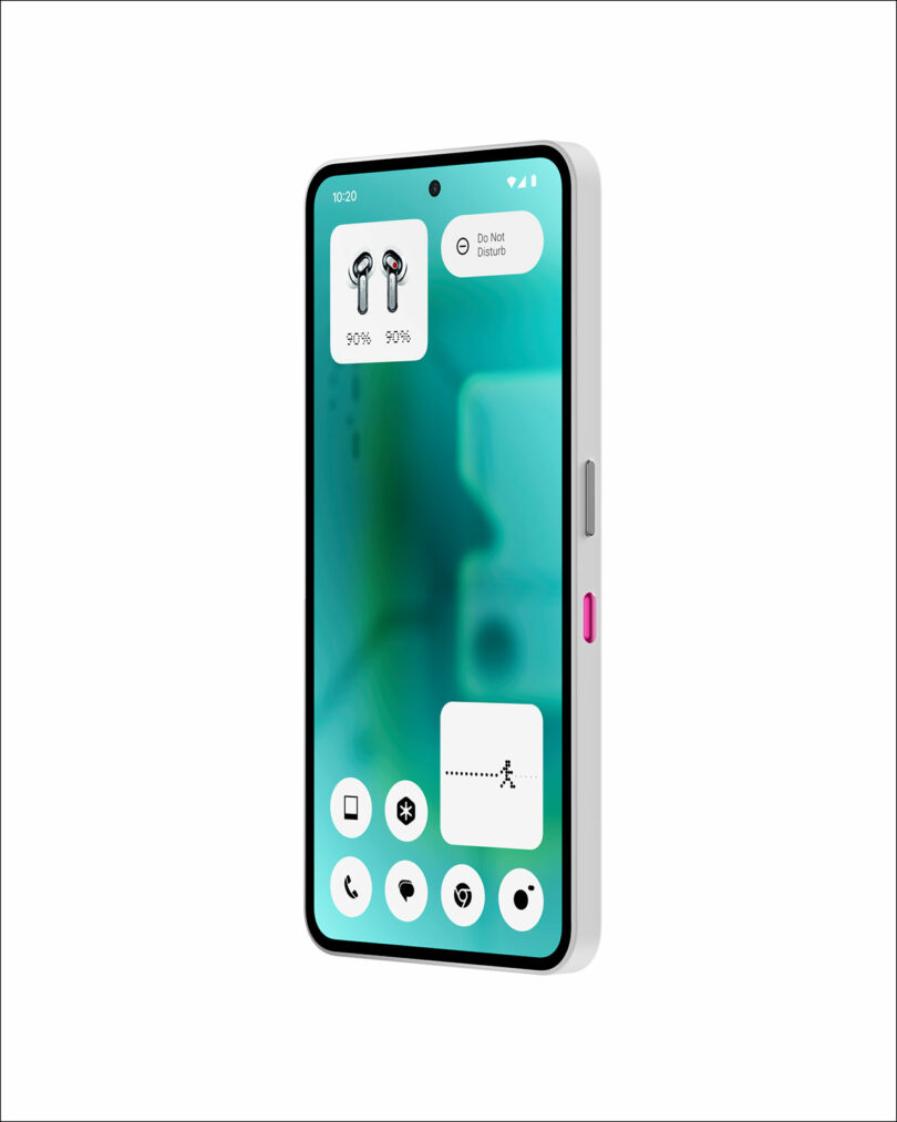 A modern smartphone with a teal gradient screen displays app icons and widgets, including battery status and a walking figure, against a plain white background.