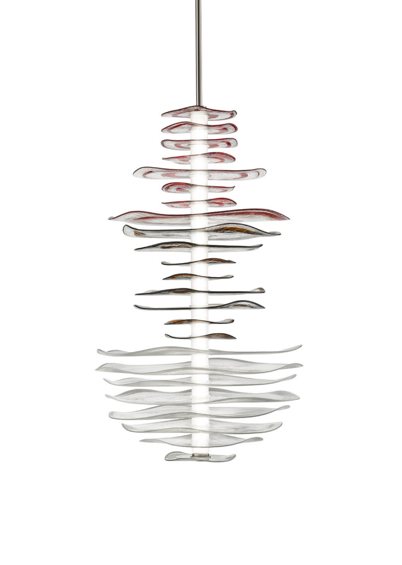 A modern pendant light fixture with layered, curved glass pieces in white, gray, and red shades arranged around a central vertical rod.
