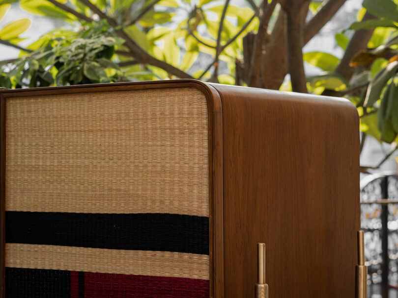 Corner of a wooden cabinet with a woven front panel, featuring black and red accents, set against a backdrop of leafy green plants.