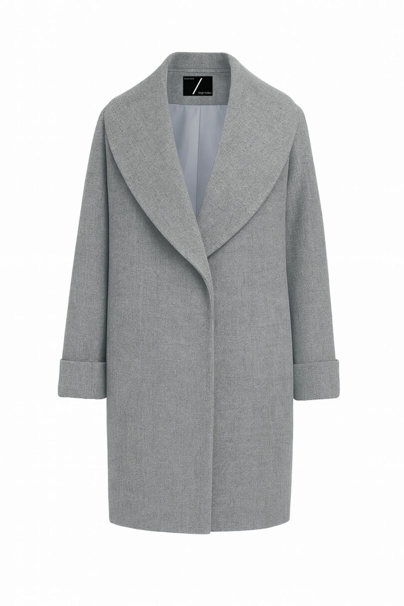 A light grey wool coat with wide lapels, folded cuffs, and a single-breasted front, displayed against a plain white background.